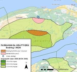 Inngrepsfrie naturområder i Norge (INON) Tiltaket vil medføre at 2,1 km 2 INON-områder som ligger i sone 1 får redusert status til sone 2, mens 1,26 km 2 INON-områder som ligger i sone 2 faller bort