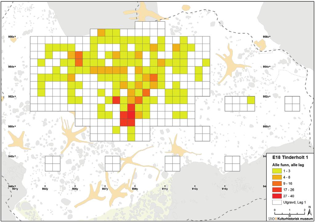 Lucia U. Koxvold TINDERHOLT 1 167 Figur 14.11. Spredningen av alle funn i alle lag fra Tinderholt 1 viser en ujevn distribusjon på den sentrale delen av lokalitetsflaten.