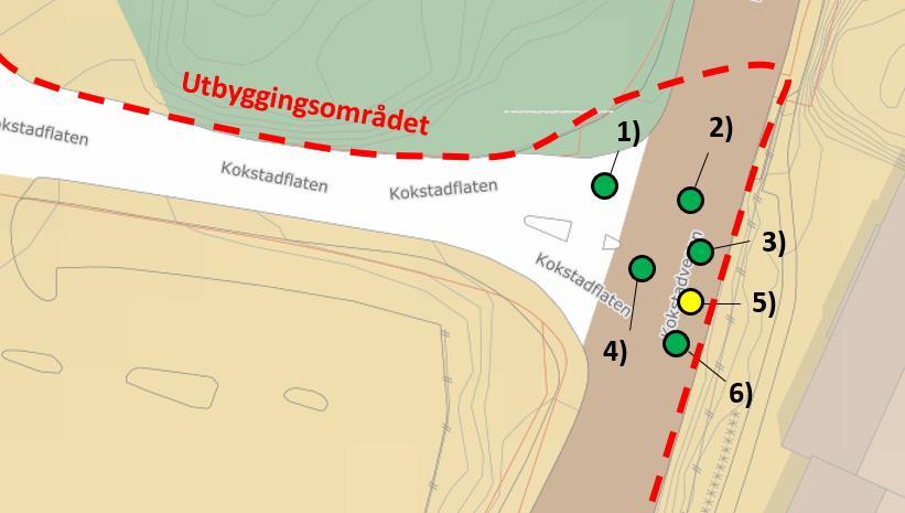 Figur 5: Ulykkenes lokasjoner i krysset Kokstadflaten X Kokstadvegen (kartkilde: kart.finn.no).