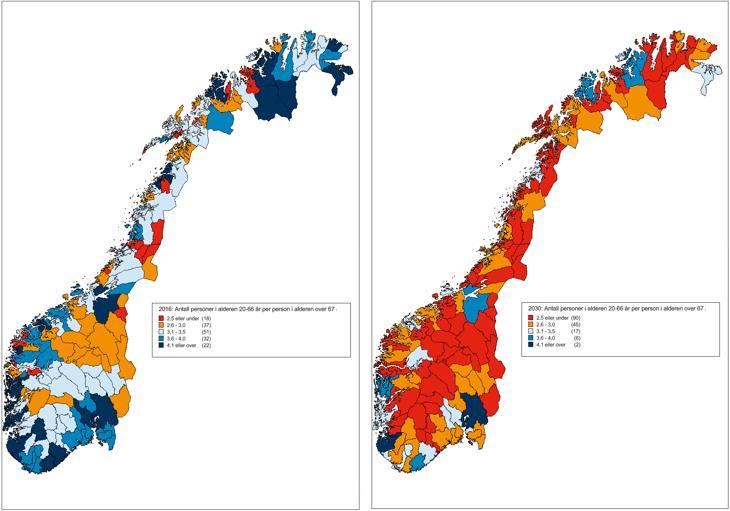 2016 2030 Flere eldre pr person i arbeidsfør alder Antall personer