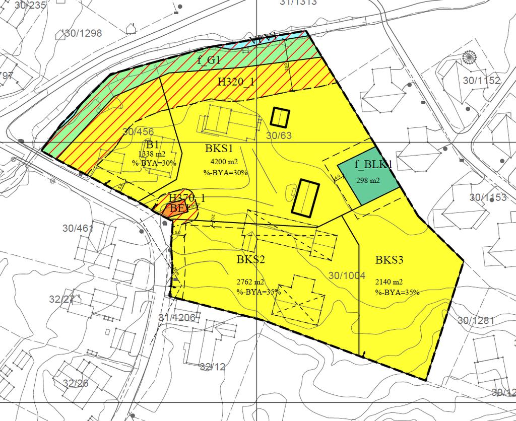 Plankart Område BKS2 har et areal på 2,8 daa og foreslås regulert til konsentrert småhusbebyggelse og tomannsboliger med tomteutnyttelse på inntil %-BYA = 35%.