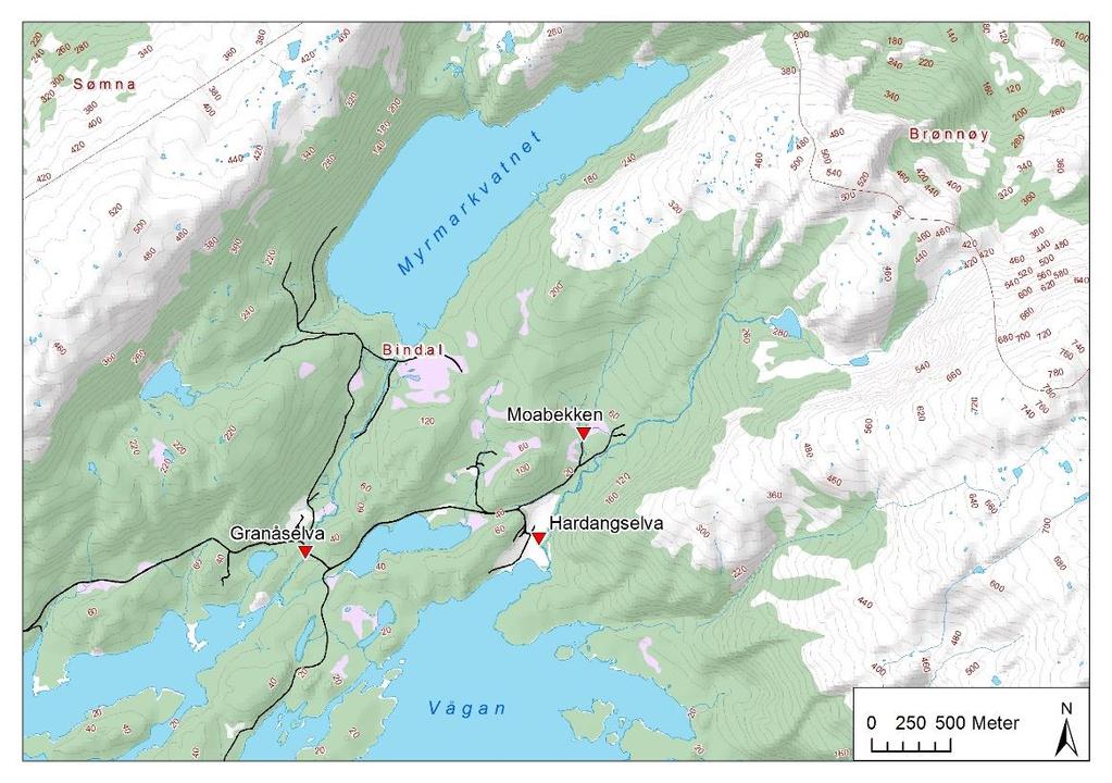Hardangselva og Granåselva Hardangselva renner ut i Hardangsfjorden i ytre deler av Bindalsfjorden. Nedre deler av elva drenerer jordbrukslandskap, mens øvre deler drener skog og myrlandskap.