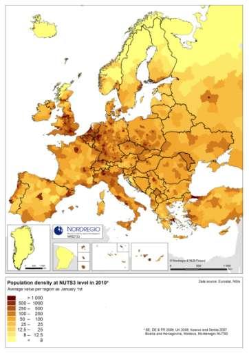 Befolkningstetthet i Europa på NUTS3-nivå