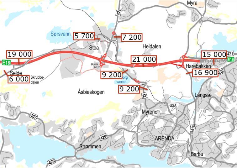 3-1 Dagens trafikkmengder i området ved Harebakken og toa. Trafikkmengdene er oppgitt i årsdøgntrafikk (ÅDT), med tall fra 2018.