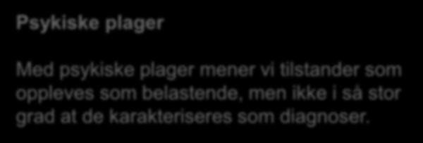 Psykisk helse - definisjoner Psykiske plager Med psykiske plager mener vi tilstander som oppleves som belastende,