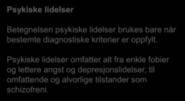 Psykiske lidelser Betegnelsen psykiske lidelser brukes bare når bestemte diagnostiske kriterier er oppfylt.