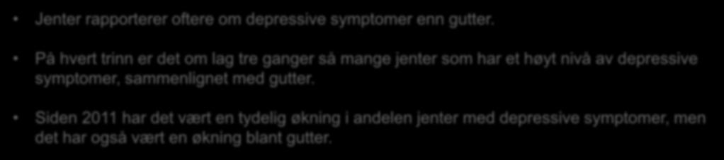 Større del jenter med depressive symptomer Jenter rapporterer oftere om depressive symptomer enn gutter.