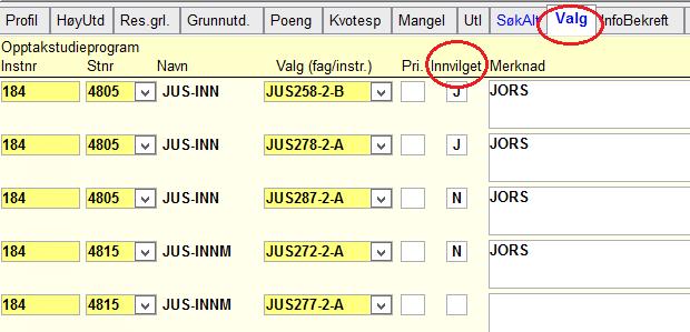 Finn emner og registrer avslag eller tilbud 1. Under Valg ligger alle emnene som søker har søkt på. 2. NYE kolonner: a.