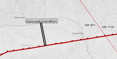 Fig. 5 Berørt eiendom for omsøkt trasé for tilknytningslinjen til Kjølberget vindkraftverk EN er i dialog med berørt grunneier, men i tilfelle at frivillig avtale ikke