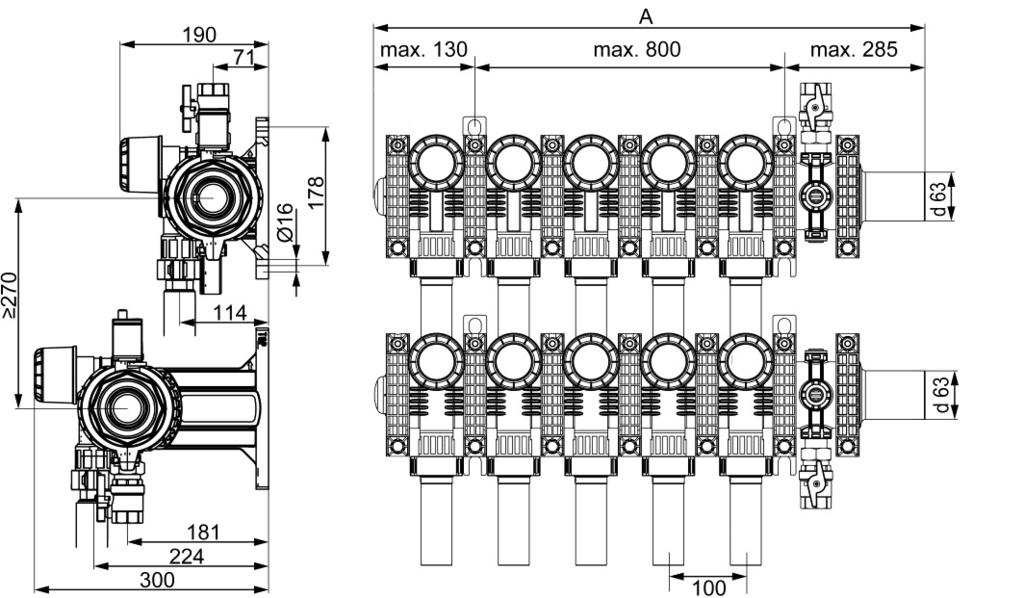 Tekniske data Hovedanslutning PE 00 sveisestuss 63 x 5,8 mm Driftstemperatur/trykk Maksimalt 40 C ved 3 bar Anslutningsalternativ PE 00 sveisestuss 32 x 2,9 mm PE 00 sveisestuss 40 x 3,7 mm PE 00