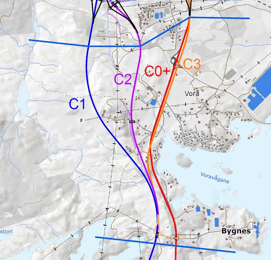 12 Delstrekning C: Våråvågen - Håvik Alt. Kort beskrivelse C0+ Utvidelse av dagens veg til fire felt og fartsgrense 60 km/t, med kryss ved Hydro og Håvik/Tforbindelsen.