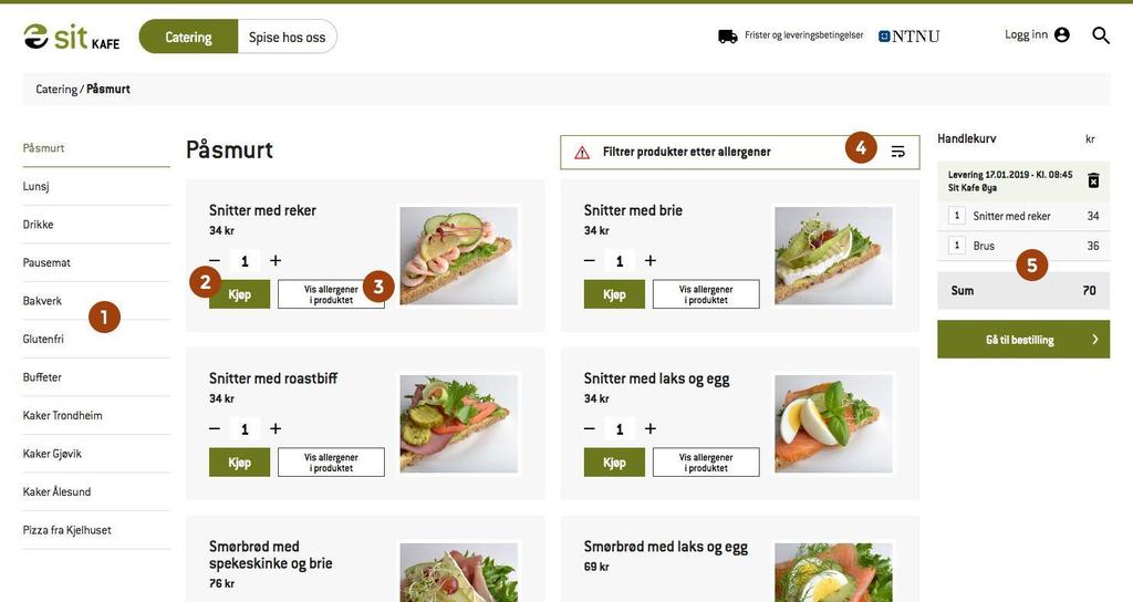 2. Velg ønskede produkter fra nettbutikken. Den inneholder følgende elementer: 1. Kategorimeny Produktutvalget for valgt kategori listes ut til høyre 2.