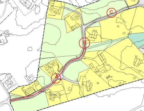 Figur 10 viser nye og planlagte trafikktiltak på eksisterende vei. Det skal gjøres følgende tiltak innenfor planavgrensningen. Rød strek= vei som skal breddeutvidelse til min 3,0 m.