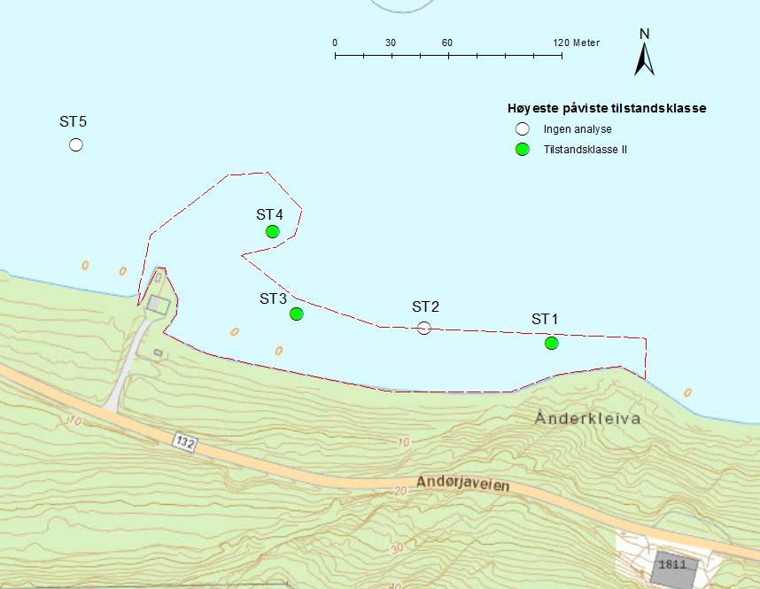 Ånderkleiva Næringsområde BN12 Miljøgeologiske undersøkelser av sjøbunnsediment 5 Beskrivelse av forurensningssituasjonen Figur 4 viser lokalisering av prøvestasjoner markert med høyeste påviste