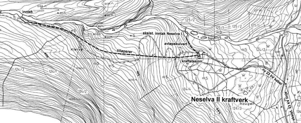 6 2. Utbyggingsplaner Det søkes om å utnytte vannfallet i Neselva (byggetrinn II) i midtre del av Nesdalen, fra ca. kote 380 og ned til kraftstasjon ca. kote 195. Kraftstasjonen plasseres ca.