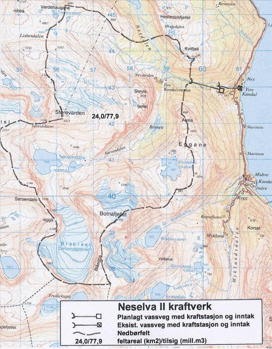 7 Figur 3. Nedbørfelt, vannvei og kraftstasjonsplassering for Neselva II kraftverk i Ytre Kandal i Gloppen kommune.