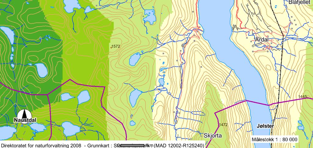 mellomgrønn farge viser områder som ligger 3-5 km fra tekniske inngrep (sone 1), mens