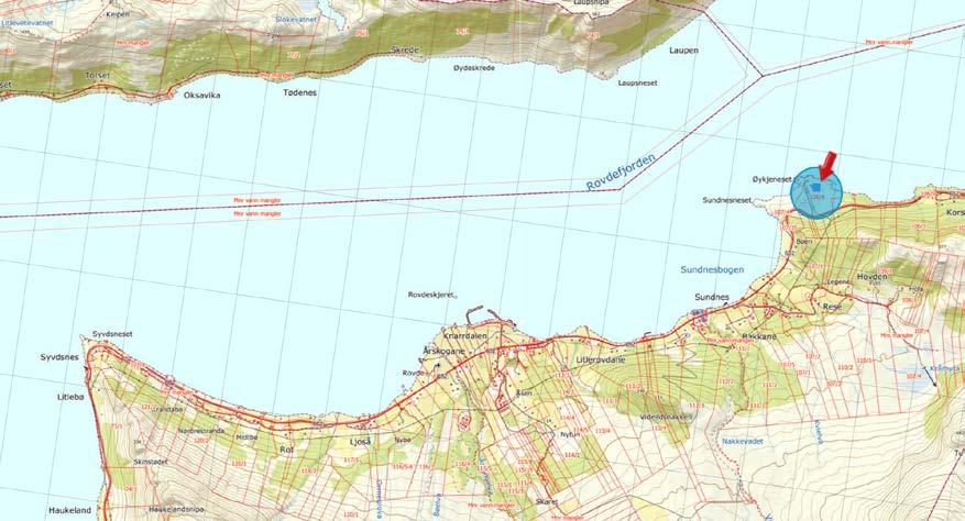 Oversiktskart over Vanylven der planområdet er markert med blå sirkel og raud pil oppe