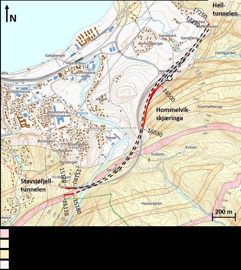 2 GEOLOGI Bergforhold Figur 5 [11]. Berggrunnskart fra NGU med omtrentlig plassering av linjen. Strekningene hvor det skal etableres bergskjæringer er markert med rødt.