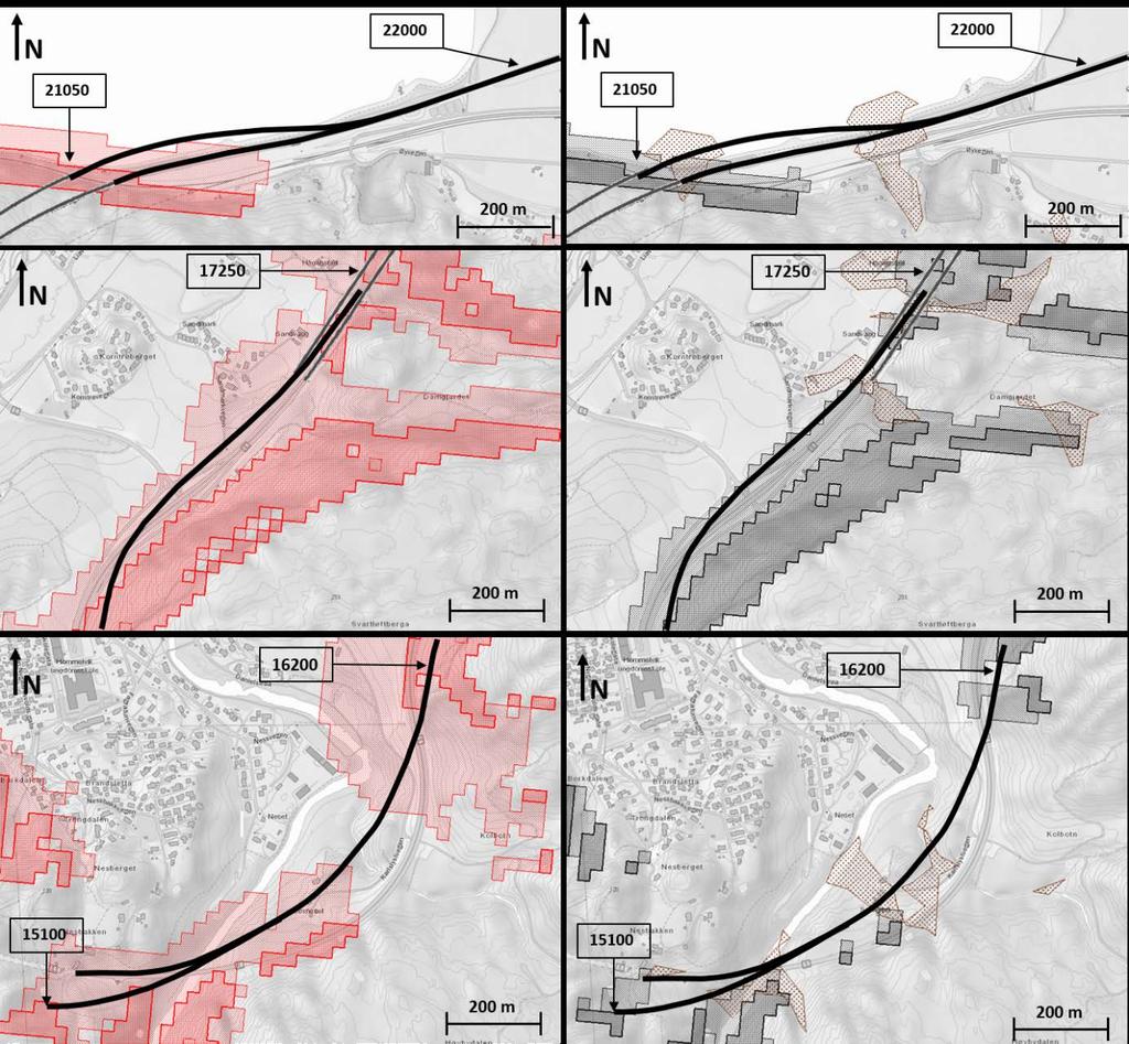 Figur 32. Aktsomhetskart fra NVE [30]. Aktsomhetskart for snøskred (venstre) og steinsprang og jord/flomskred (høyre).