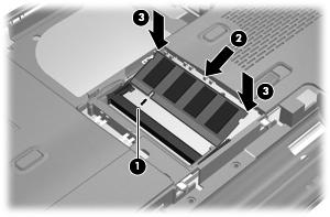 c. Dytt minnemodulen (3) forsiktig ned ved å trykke på både venstre og høyre side av minnemodulen, helt til festeklipsene klikker på plass. 11.