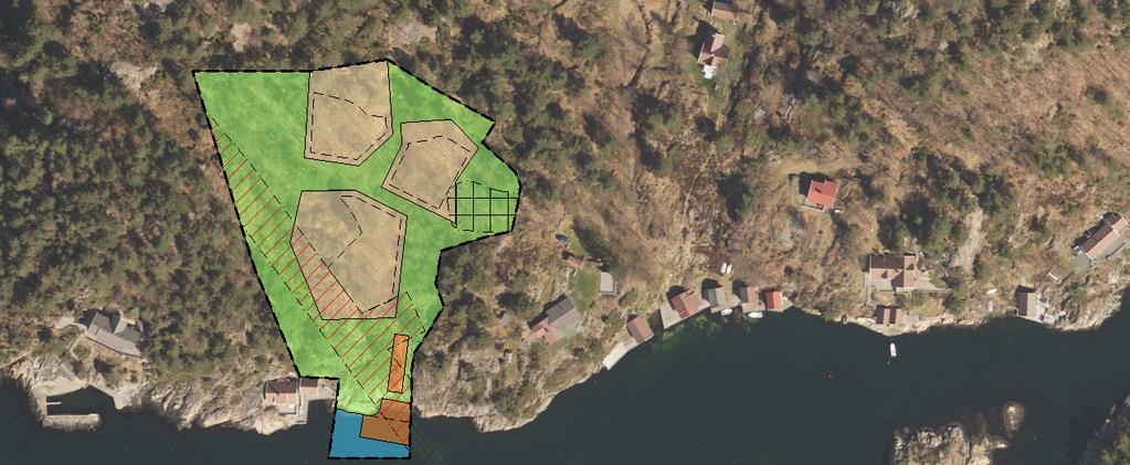 Det foreslås oppføring av tre hytter, med tilhørende uthus og bryggeanlegg. Maksimal BRA er 120 m2 for hver fritidseiendom, inkludert fritidsbolig, anneks og uthus.