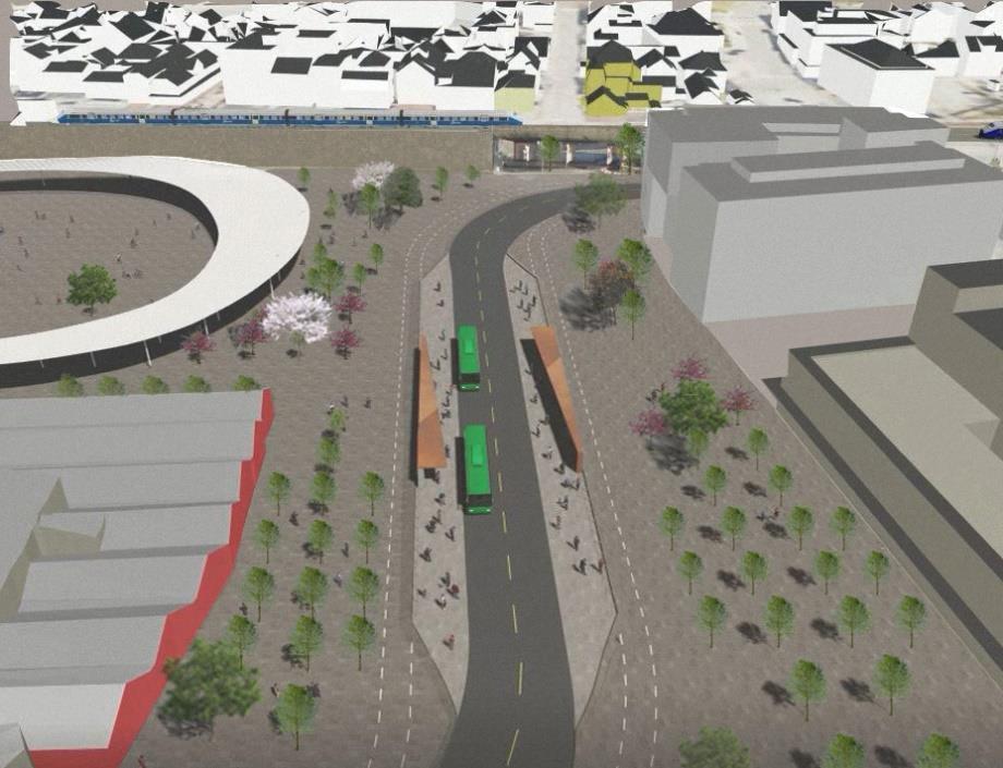 Figur 6-18 Snitt for deler av Jernbaneveien. Viser løsning for det brede fortauet langs jernbanefyllingen, med plass til gatetre og vegetasjonsrabatt inn mot natursteinsmuren.