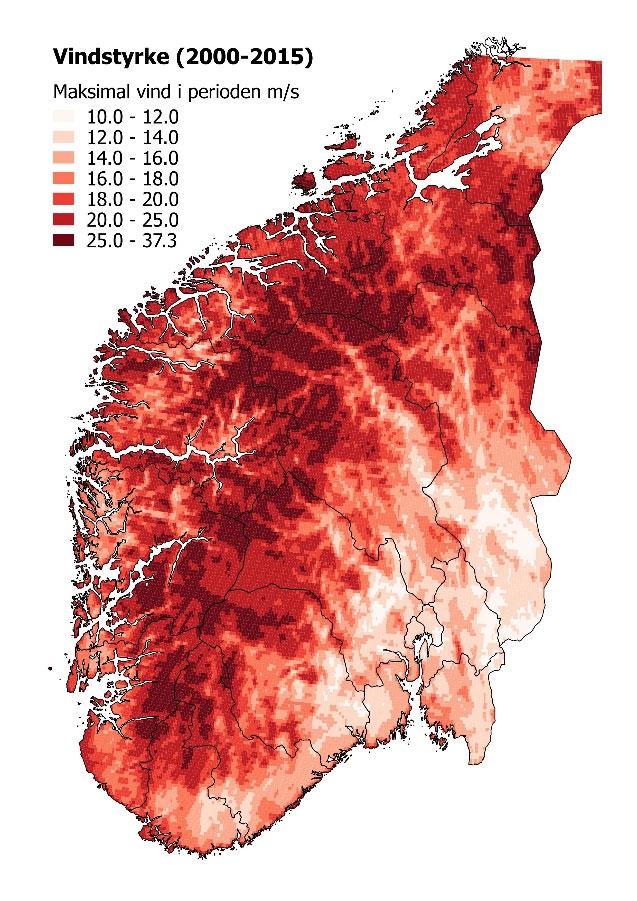 Figur 1. Geografisk variasjon i risikoforhold i et 2,5 km rutenett over Sør Norge: a) Maksimal vindstyrke 10 m over bakken for årene 2000 2015.