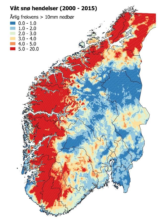 b) Frekvens av våtsnø episoder 2000 2015 er gitt som antall døgn med 0,5 2 grader gjennomsnittstemperatur og >= 10 mm nedbør i snitt per år.