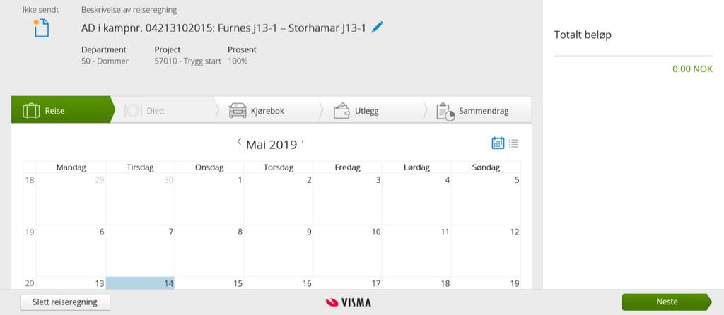 I første fane legger man inn en beskrivelse av regningen (lag/motstander/reisemål/dato), samt departement