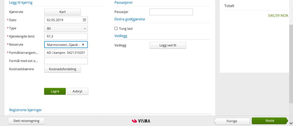 Legg inn type bil, reiserute og evt. passasjerer, og trykk Lagre.