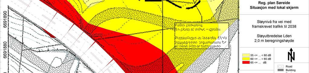 +14,3 Gnr/bnr 38/624 Reg. plan Søreide Situasjon med lokal skjerm Støynivå fra vei med framskrevet trafikk til 2038 Støyutbredelse Lden 2,0 m beregningshøyde Dato: 18.09.