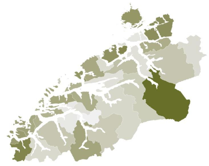 KOMMUNEFORDELT EKSPORT Figur 6: Total eksport i Møre og Romsdal i 2017 fordelt på kommuner. Kilde: SSB og Menon Economics Figur 7: Eksport per sysselsatt i Møre og Romsdal i 2017 fordelt på kommuner.