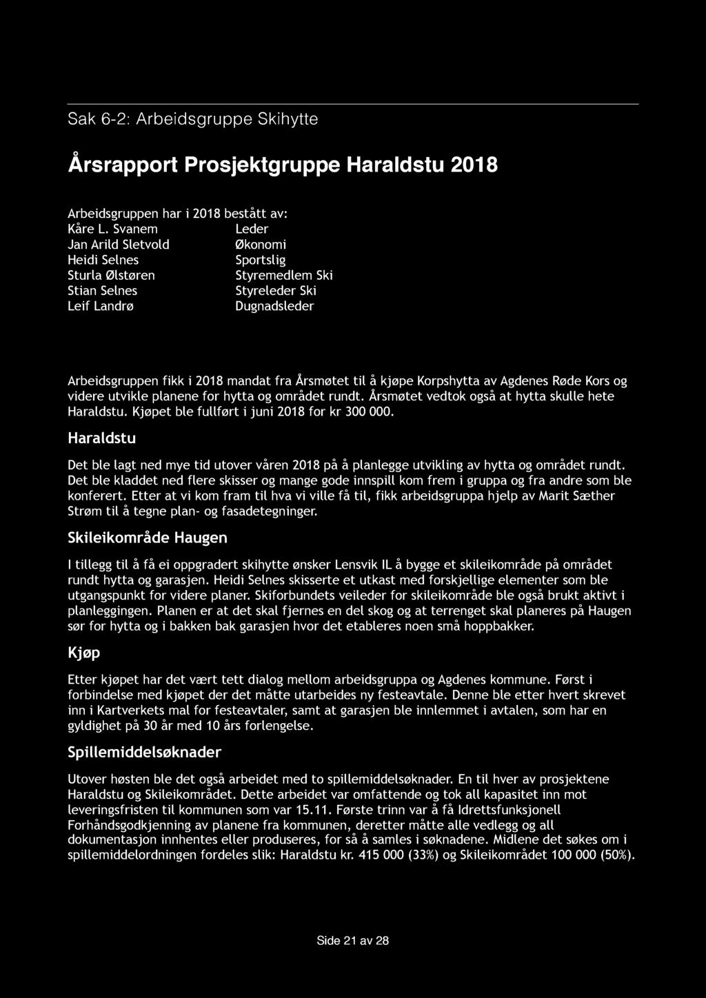 Sak 6-2: Arbeidsgruppe Skihytte Årsrapport Prosjektgruppe Haraldstu 201 8 Arbeidsgruppen har i 2018 bestått av: Kåre L.
