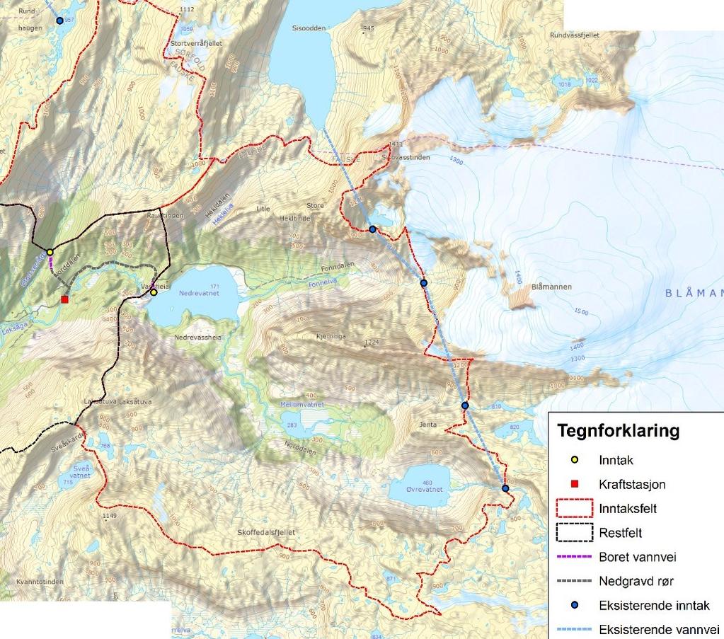 Overføring av vann fra Stortverråga innebærer at to elver og to nedbørsfelt berøres. Nedbørsfeltene går fra høyfjell til dal og strekker seg fra 35 moh. (utløp), 172 moh. (inntak) til 1405 moh.