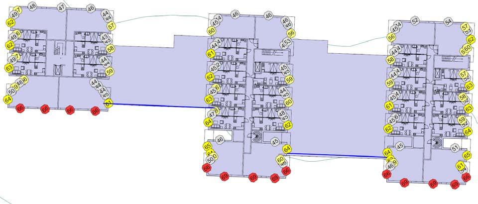 Figur 9 viser beregnede støynivåer ved fasadene til bygg C1-3, etter skjermingstiltak ved takterrasse. Beregningene viser at alle boenhetene har tilgang til tilfredsstillende støynivåer iht.