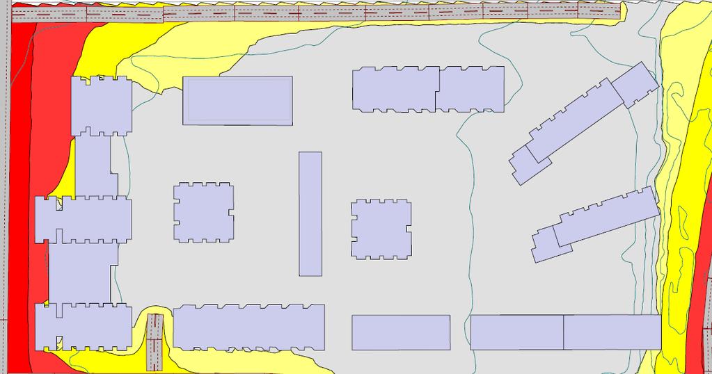 4.3 Støynivå på utendørs oppholdsareal Beregnet støykart ved uteoppholdsareal på bakkenivå er vist i Figur 5. Støykart for takterrasser over næringslokaler i bygg C er vist i Figur 6.