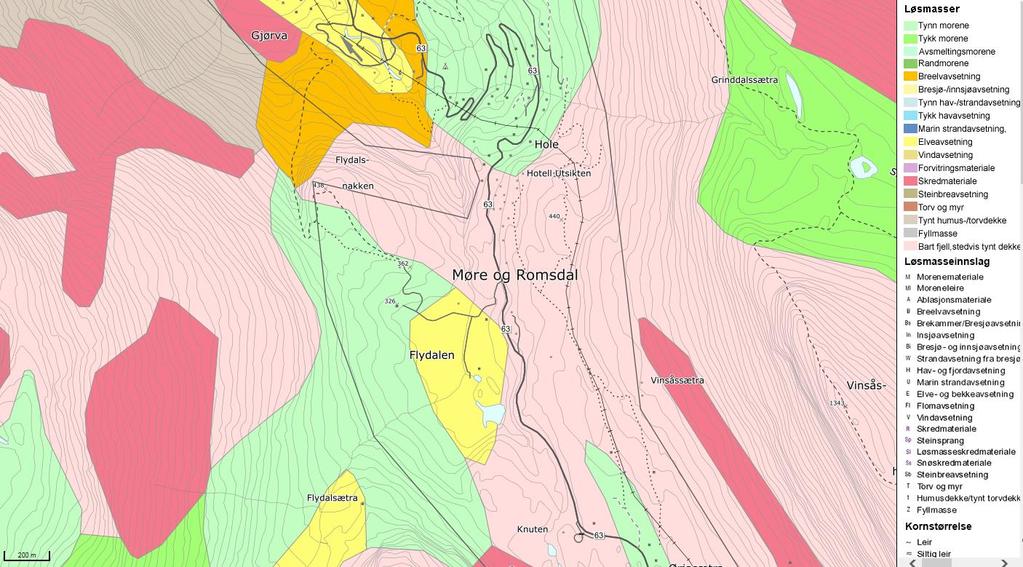 Figur 26 Løsmassekart / kvartærgeologiske kart 1:250 000, NGU Det vurderte arealet ligger i et området bestående av et tynt lag humus på fjell.