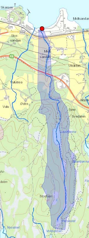 Figur 17: Midtsandbekkens nedbørsfelt. Kilde: NEVINA Midtsandbekken er klassifisert til dårlig økologisk tilstand i Vann-Nett Portal.