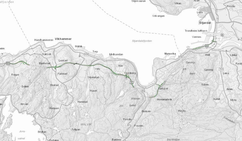 Stjørdal Hommelvik Trondheim Figur 1: Oversiktskart over veiprosjektet E6 Ranheim Værnes. E6 er vist med grønn linje.