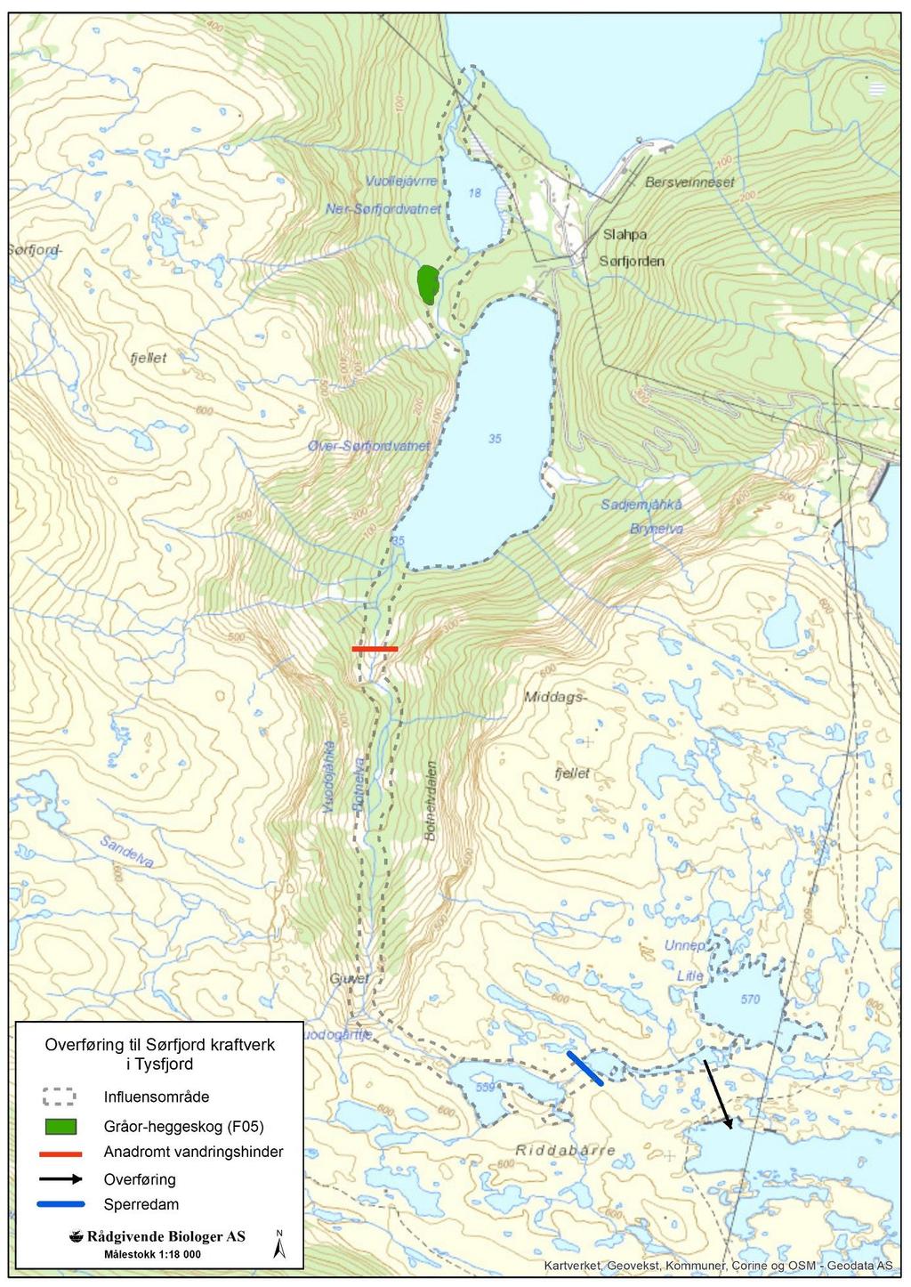 Figur 12. Kartfestede verdier i influensområdet til overføringen til Sørfjord kraftverk.