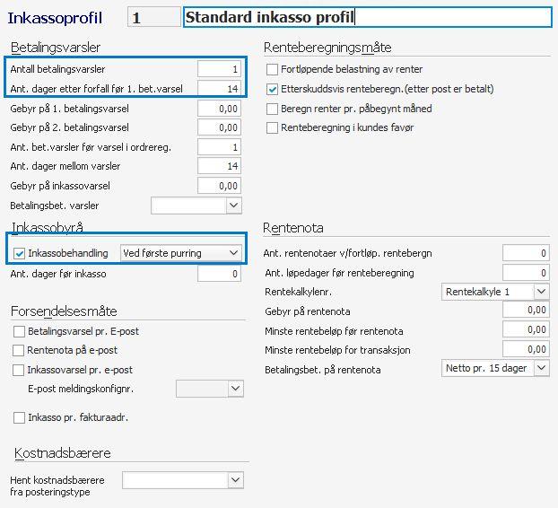 7. Sett inkassoprofil Inkassoprofilen finner du på Grunndata Vedlikehold registre Kunde Inkassoprofil. Trykk F12 for å få opp de inkassoprofilene som allerede er laget og velg en av disse.