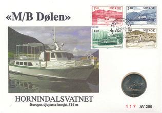 : 74855 Myntbrevet har bildet av turistbåten M/B Dølen som gikk på Hornindalsvatnet i mange år.