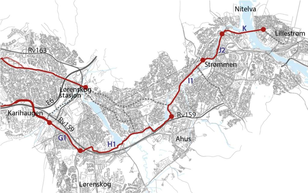 Aktuell trasé ekspressykkelveg Mulighetsstudie og forprosjekt