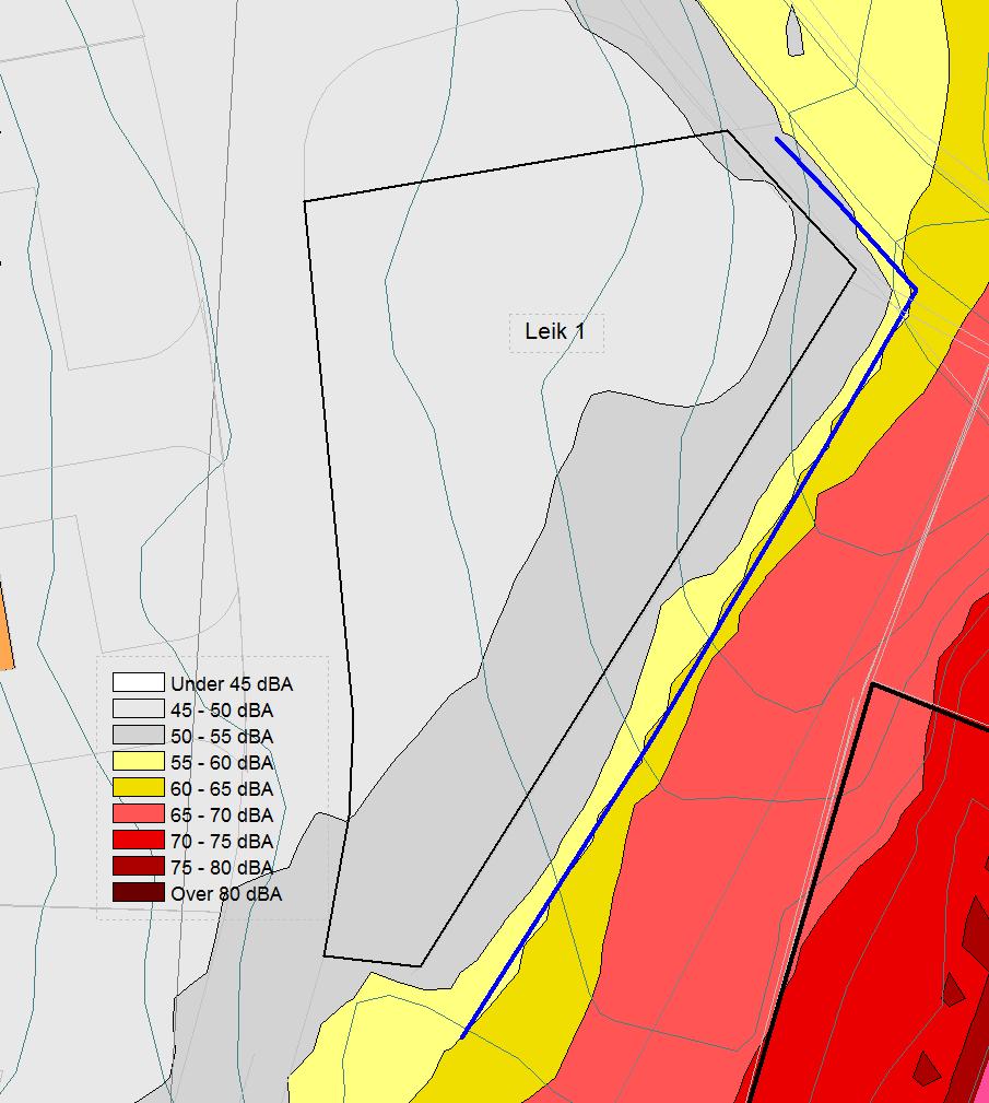 BF5 56 db Nordvestleg hjørna av området får støynivå L den = 56 db, resten av området får tilfredsstillande støynivå. BB1 55 db Tilfredsstillande støynivå i heile området. 6.