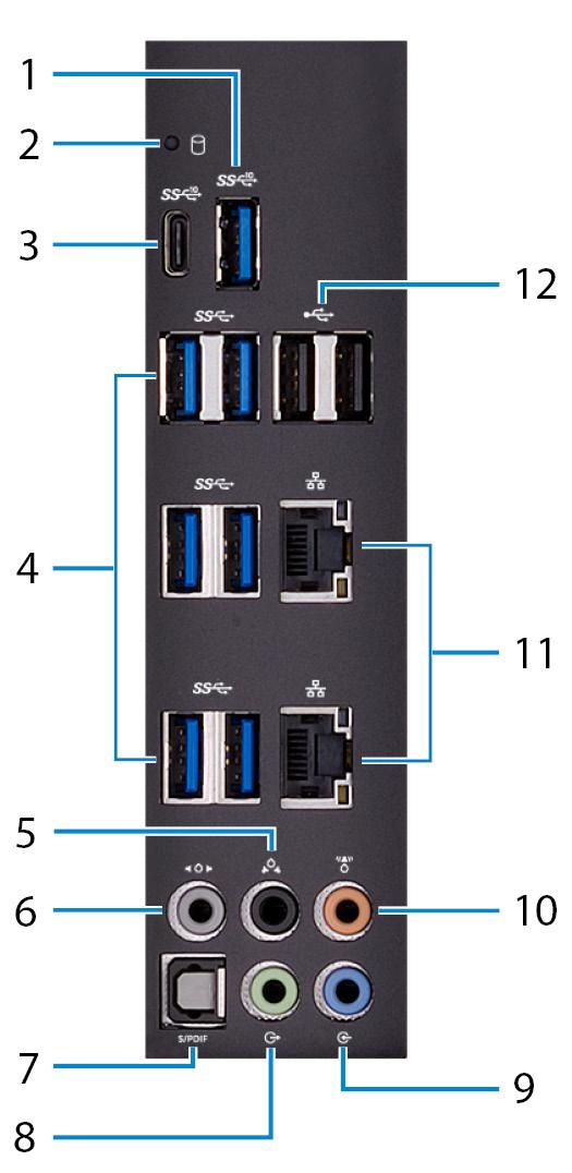Bakpanel 1 USB 3.1 Gen 2-port Koble til eksterne enheter som lagringsenheter og skrivere. Gir dataoverføringshastigheter på opptil 10 Gb/s.