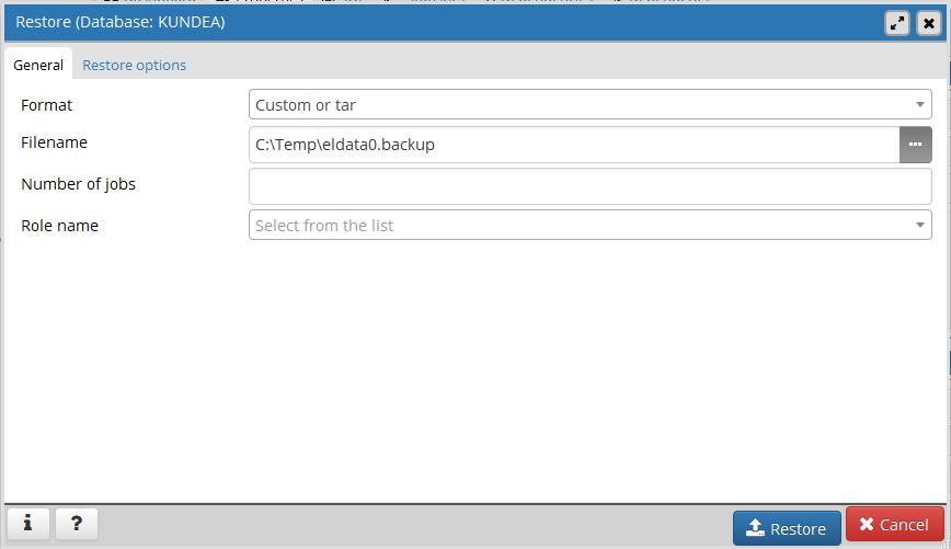 Velg format Custom or Tar og filnavn som angitt. eldata0.backup er Eldata sin initialdatabase.