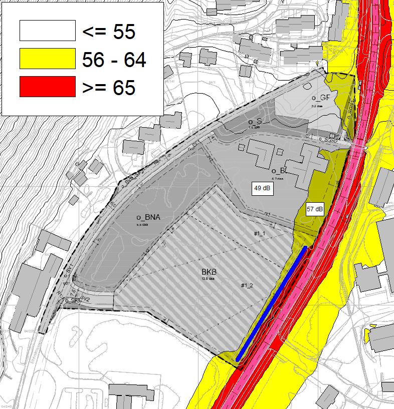 N Figur 5: Støyutbredelse Ld [db] på planområdet. Beregningshøyde er 1,5 m over terreng. 5.2.2 Med reguleringsplan I Figur 6 er støyutbredelsen på bakkeplan (1,5 m) vist om reguleringsplan realiseres.