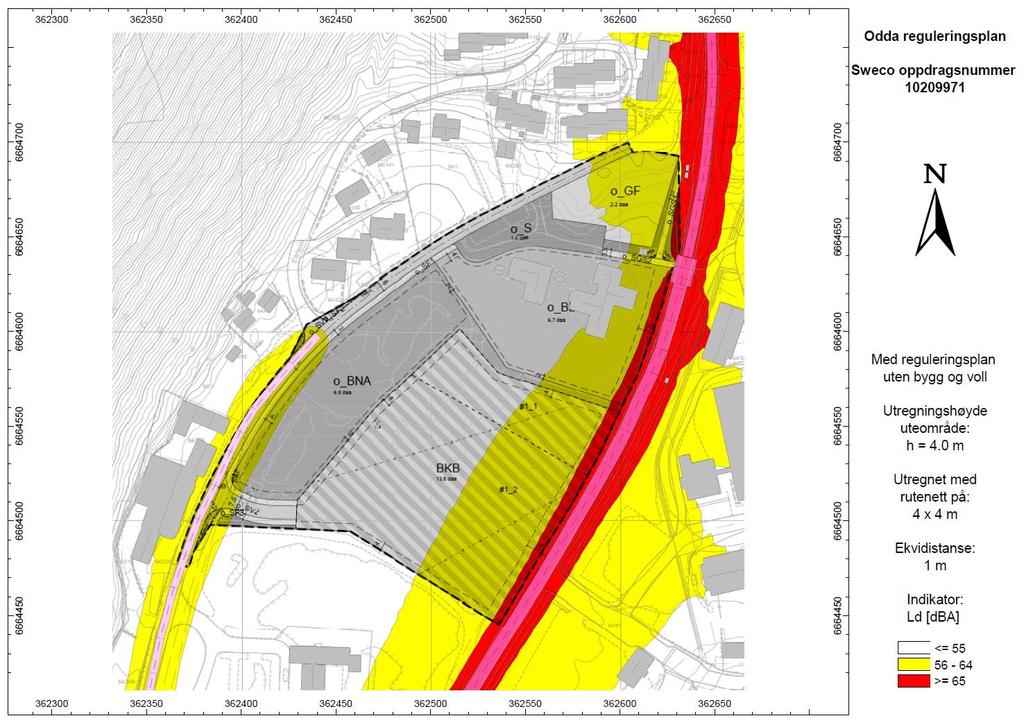 Figur 10: Støynivå Ld [db] ved beregningshøyde 4 m over terreng