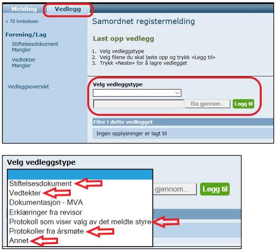 19. Når du nå trykker «neste» kommer du til en oppsummering av skjemaet. Trykk på arkfanen «Vedlegg». Velg type vedlegg i den hvite nedtrekkmenyen.